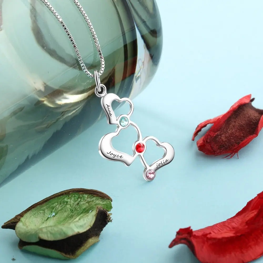 3 Heart Hollow Design Personalized Engrave Name Necklace Birthstone Pendants - Blade & Thread