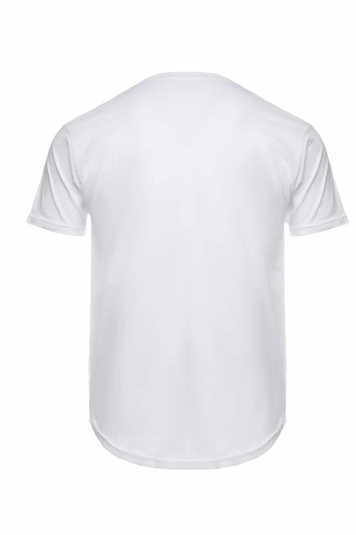 Men's long-line curved hem 3030 shirt by SpectraUSA in white, shown from the back with a relaxed fit and stylish design.
