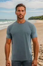 Men's Bi-Blend Crew 3050 by SpectraUSA in dark Jade, Black, and Heather colors, front view showing soft fabric and classic fit.