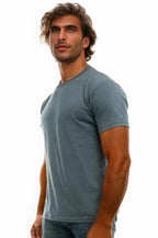 Men's Bi-Blend Crew shirt by SpectraUSA in dark jade and black colors, shown from side view.