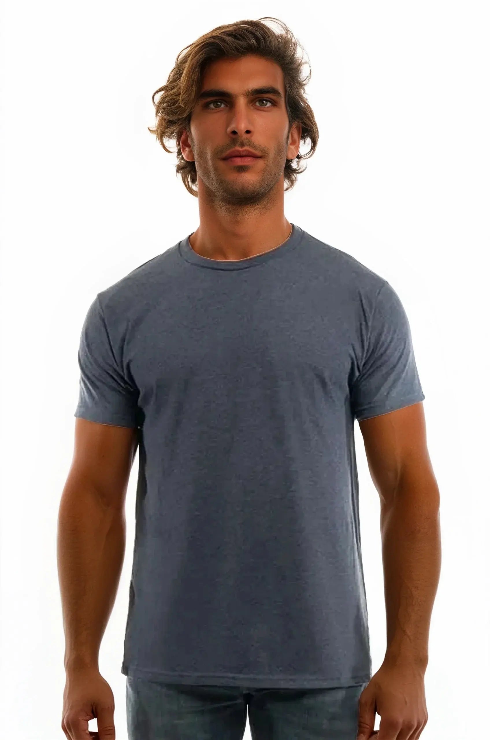 Men's Bi-Blend Crew 3050 from SpectraUSA in indigo, black, and heather with a front view of the dark-colored casual shirt.