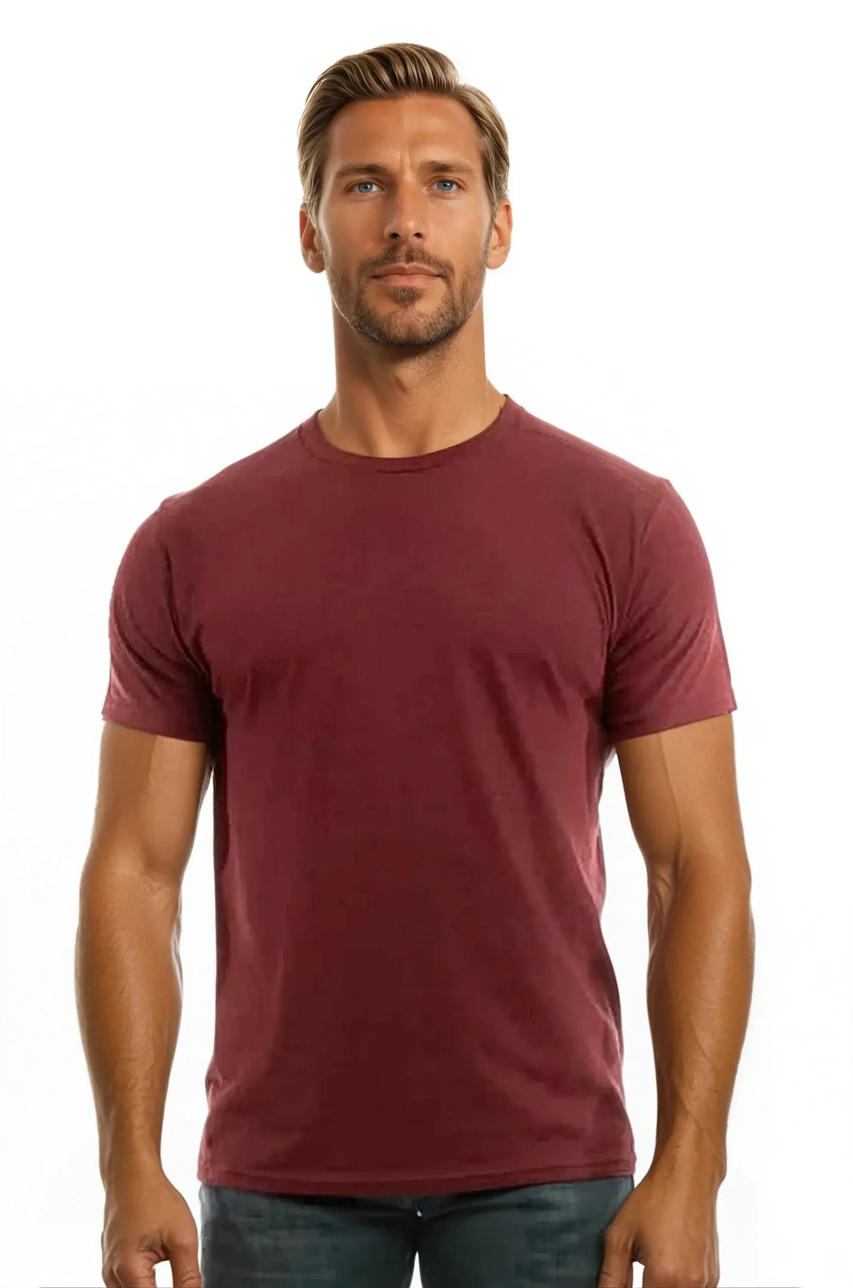 Men's Bi-Blend Crew 3050 by SpectraUSA featuring dark red, black, and heather color blocks, front view.