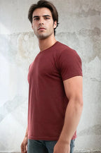 Men's Bi-Blend Crew 3050 by SpectraUSA in dark colors, featuring a red, black, and heather design from a side view.