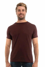 Men's Bi-Blend Crew 3050 by SpectraUSA in dark colors, featuring burgundy, black, and heather fabric, front view.