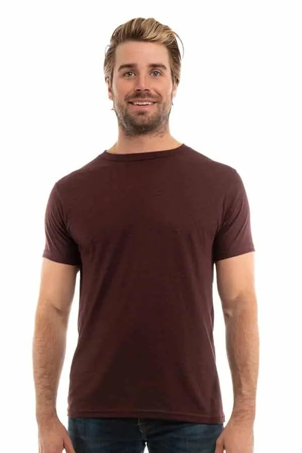 Men's Bi-Blend Crew 3050 by SpectraUSA in dark colors, featuring burgundy, black, and heather fabric, front view.