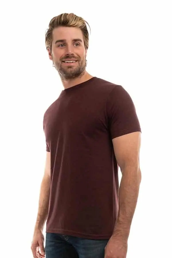 Men's Bi-Blend Crew 3050 from SpectraUSA in dark burgundy and black heather, shown from the side view.