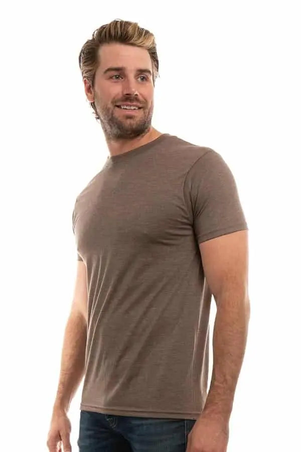 Men's Bi-Blend Crew 3050 in dark colors by SpectraUSA, showing a brown heather crewneck sweater from the side.
