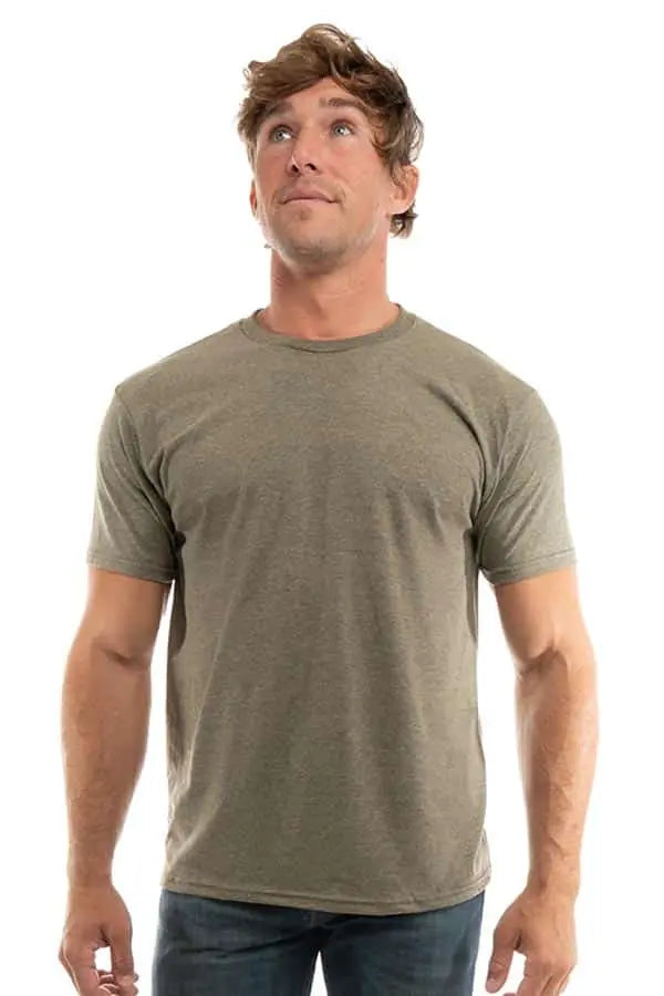 Men's Bi-Blend Crew 3050 by SpectraUSA in dark sage and black heather, front view showing comfortable crew neck design.