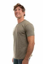 Men's Bi-Blend Crew 3050 from SpectraUSA in dark sage, black, and heather colors, featuring a side view of the crewneck sweatshirt.