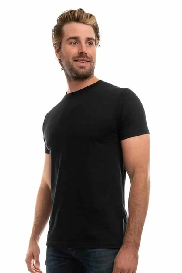 Men's Bi-Blend Crew 3050 in dark colors by SpectraUSA, featuring a close-up view of the black side of the crewneck shirt.