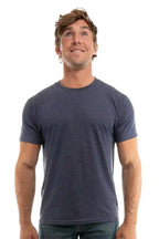 Men's Bi-Blend Crew 3050 from SpectraUSA in navy, black, and heather colors, worn by a male model, front view.