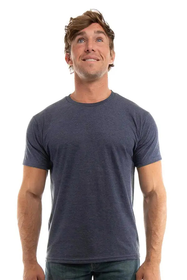 Men's Bi-Blend Crew 3050 from SpectraUSA in navy, black, and heather colors, worn by a male model, front view.