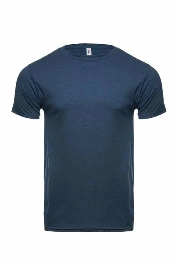 Men's Bi-Blend Crew 3050 in navy heather by SpectraUSA, shown from the front, featuring a casual crewneck design in dark colors.
