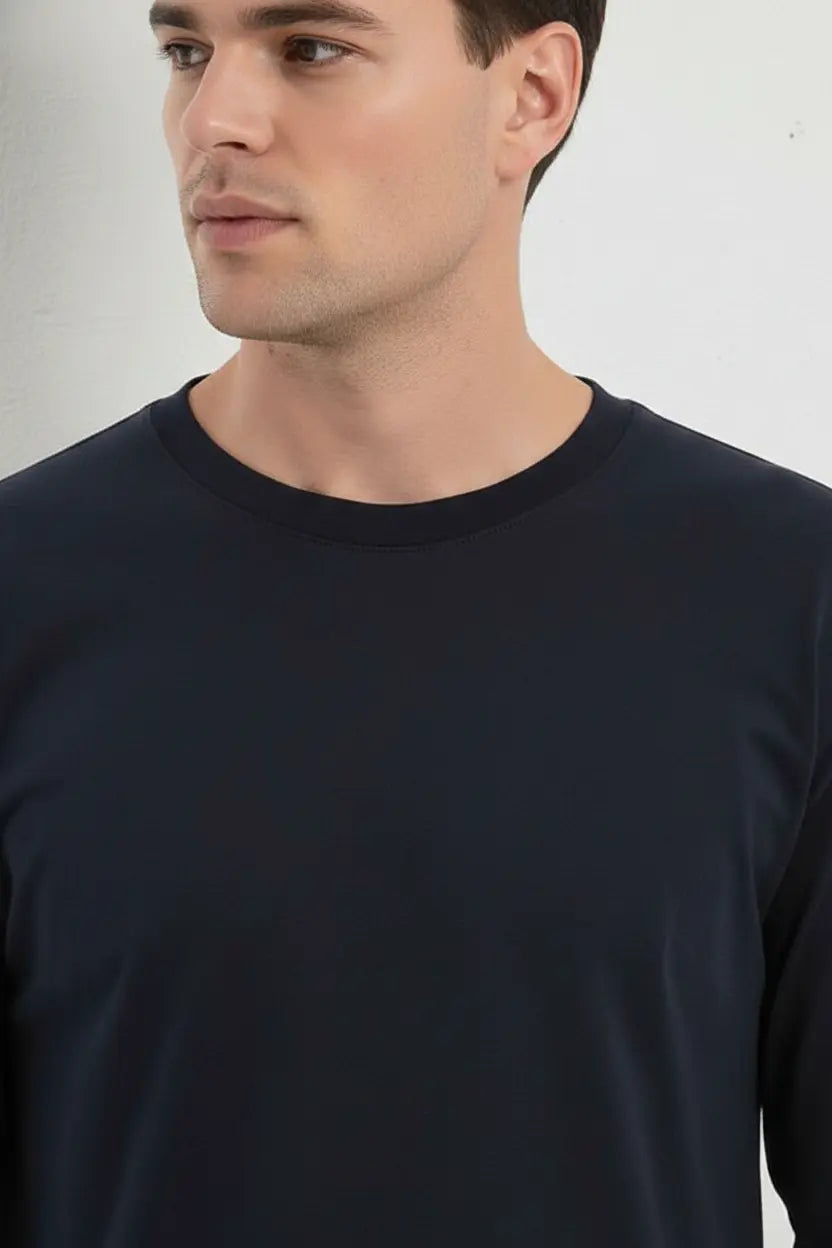 Men's navy long sleeve T-shirt by SpectraUSA, casual fit, soft fabric, shown on a hanger with a plain background.