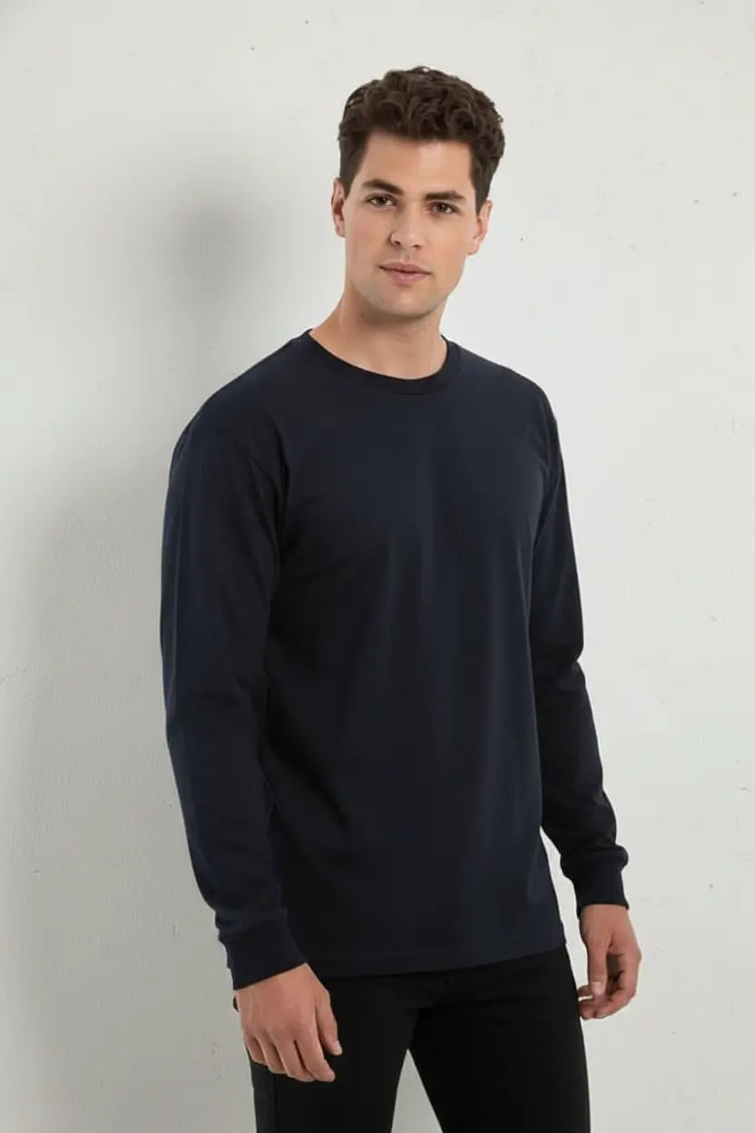 Men's navy long sleeve T-shirt by SpectraUSA, casual fit with crew neckline and soft fabric, shown on a hanger.
