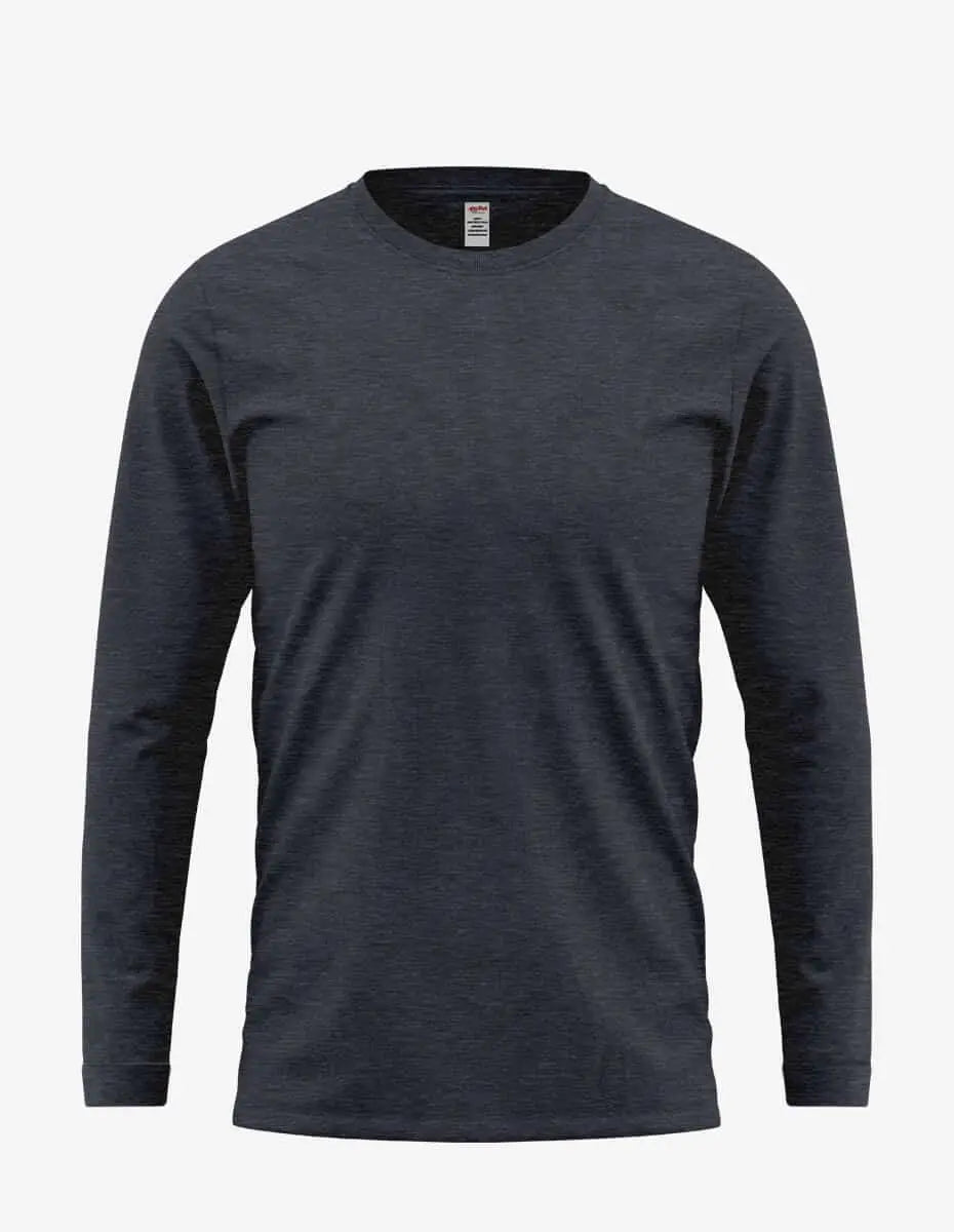 Navy heather long sleeve men's T-shirt by SpectraUSA, front view showing soft fabric and casual fit.