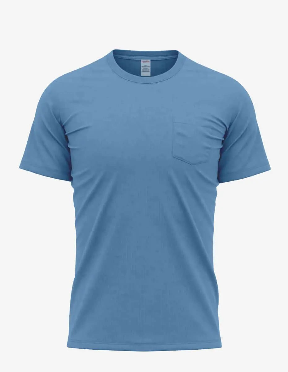 Light blue heather men's Pocket Bi-Blend 30SPKT t-shirt from SpectraUSA, front view showing pocket detail.
