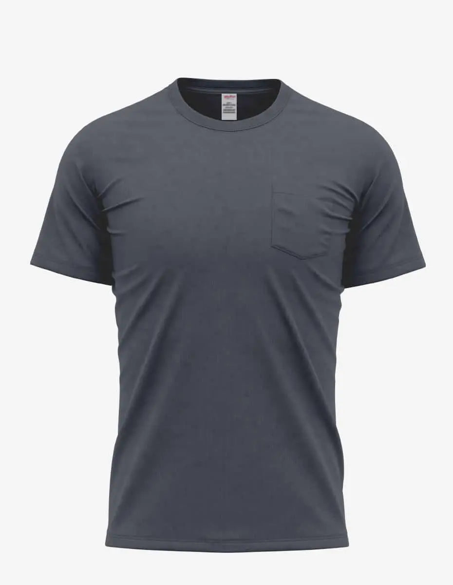 Men's navy heather Pocket Bi-Blend 30SPKT T-shirt by SpectraUSA, front view showing chest pocket and casual fit.