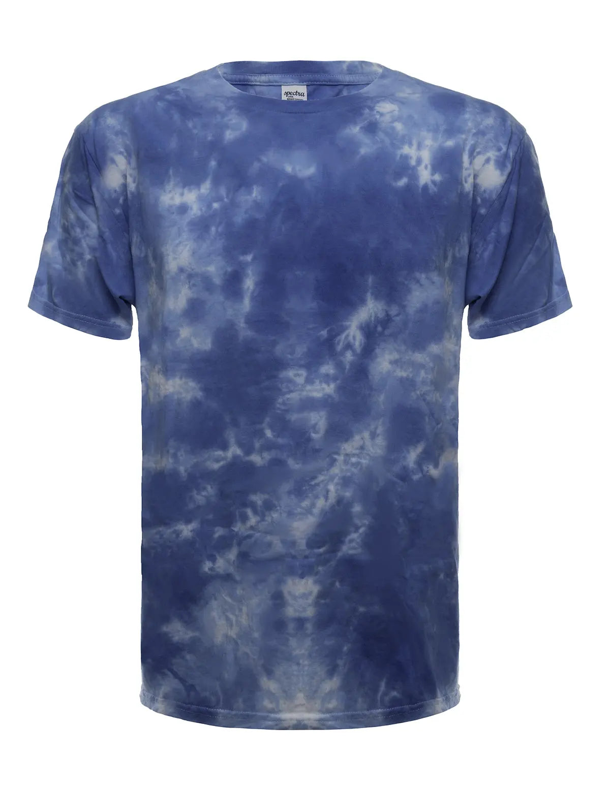 SpectraUSA Cloud Wash Sky tie-dye tee shirt with vibrant blue and white cloud pattern, front view.
