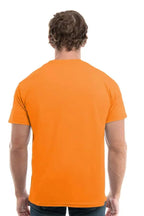 Men's Cotton Perfection Crew by SpectraUSA in dark colors, front view of the crewneck shirt with orange back detail.