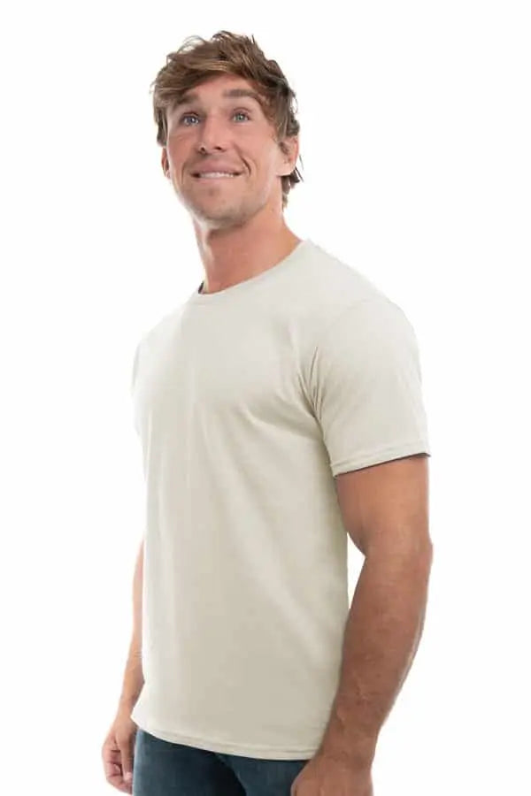 Men's dark-colored Cotton Perfection Crew by SpectraUSA, showing natural side view of the comfortable crewneck shirt.
