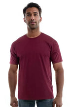 Men's dark maroon Cotton Perfection Crew shirt by SpectraUSA, front view showing soft fabric and classic crew neckline.