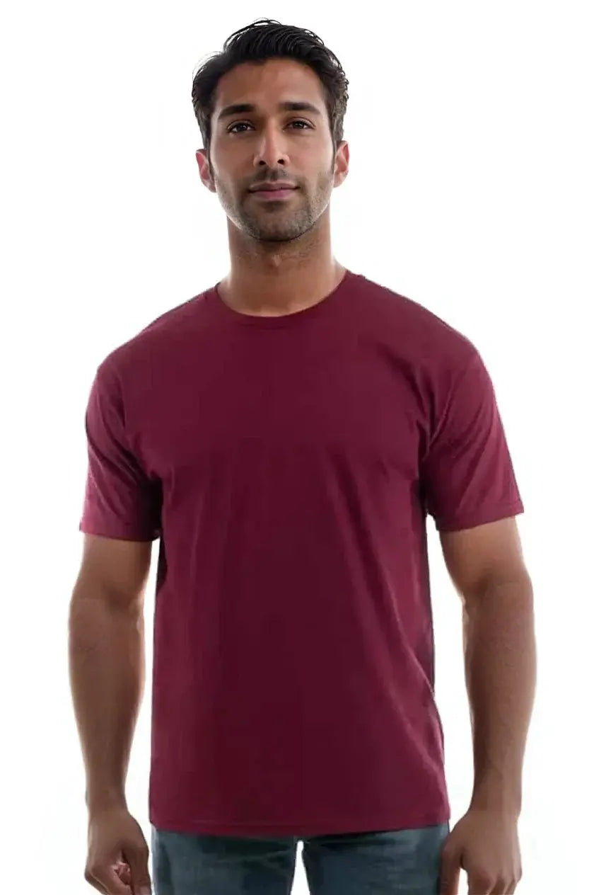Men's dark maroon Cotton Perfection Crew shirt by SpectraUSA, front view showing soft fabric and classic crew neckline.