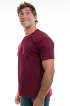 Men's dark maroon Cotton Perfection Crew by SpectraUSA, shown from side angle highlighting the fit and fabric texture.