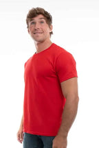 Men's Cotton Perfection Crew by SpectraUSA in dark colors, showing a side view of the red crew neck shirt.