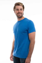 Men's dark-colored Cotton Perfection Crew from SpectraUSA, featuring a close-up of the navy blue crewneck shirt.