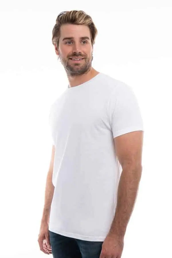 Men's Cotton Perfection Crew by SpectraUSA in dark colors, showing a side view of the crewneck shirt.