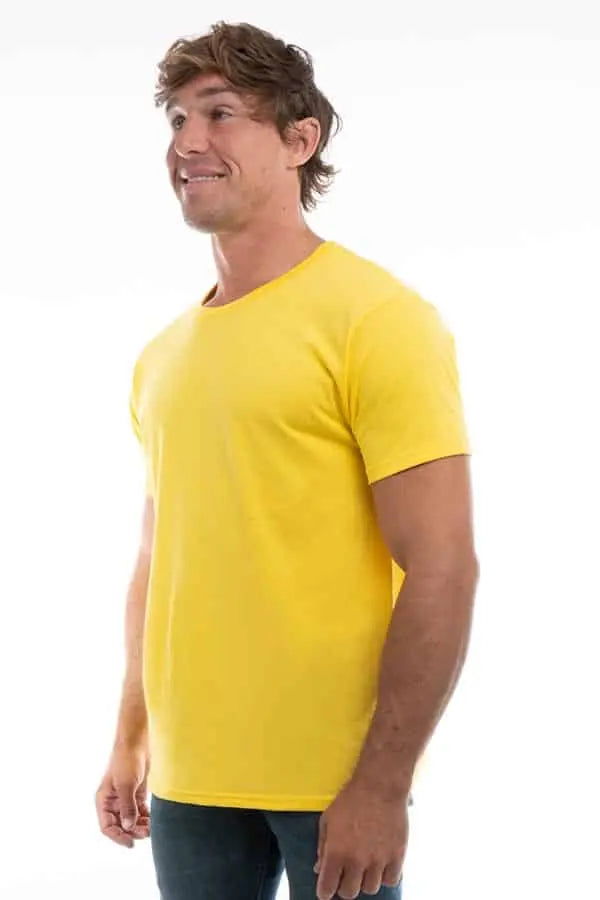 Men's Cotton Perfection Crew by SpectraUSA in dark colors, showing a close-up of the yellow side detail and fabric texture.