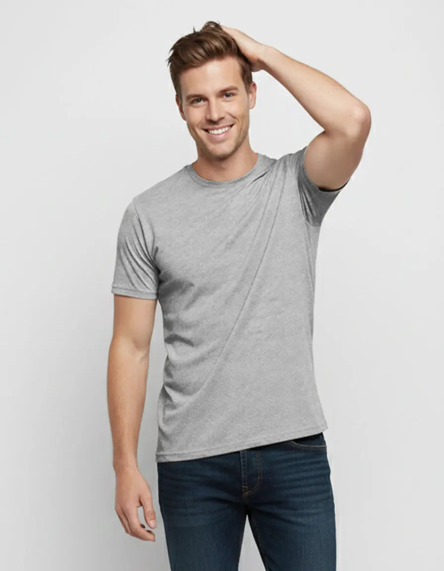 Men's dark-colored Cotton Perfection Crew by SpectraUSA, close-up of soft cotton fabric and crew neck design.