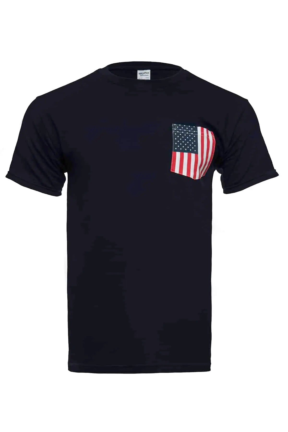 Men's navy pocket with USA flag patch by SpectraUSA, featuring patriotic design on casual clothing.