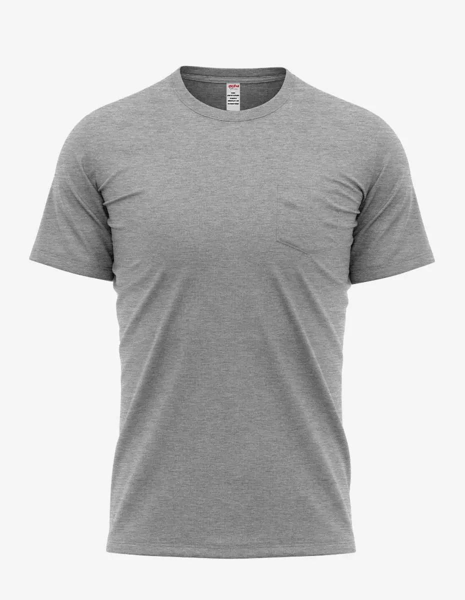 Men's Heather Grey Pocket Tee by SpectraUSA, front view showing soft fabric, classic fit, and chest pocket detail.