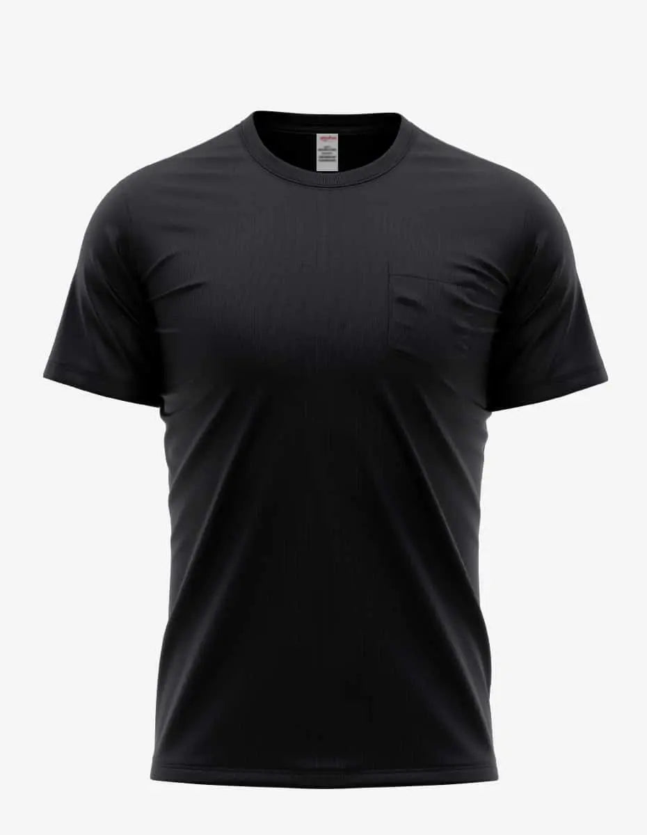 Black men's Pocket Perfection Pocket Tee by SpectraUSA, front view showing classic crew neck and chest pocket.