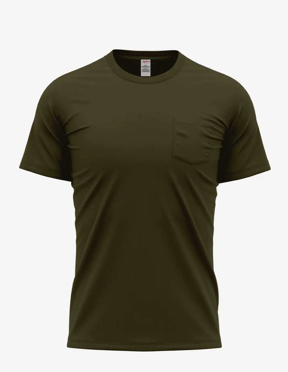 Men's military grey Pocket Perfection Pocket Tee by SpectraUSA, front view showing chest pocket and casual fit.