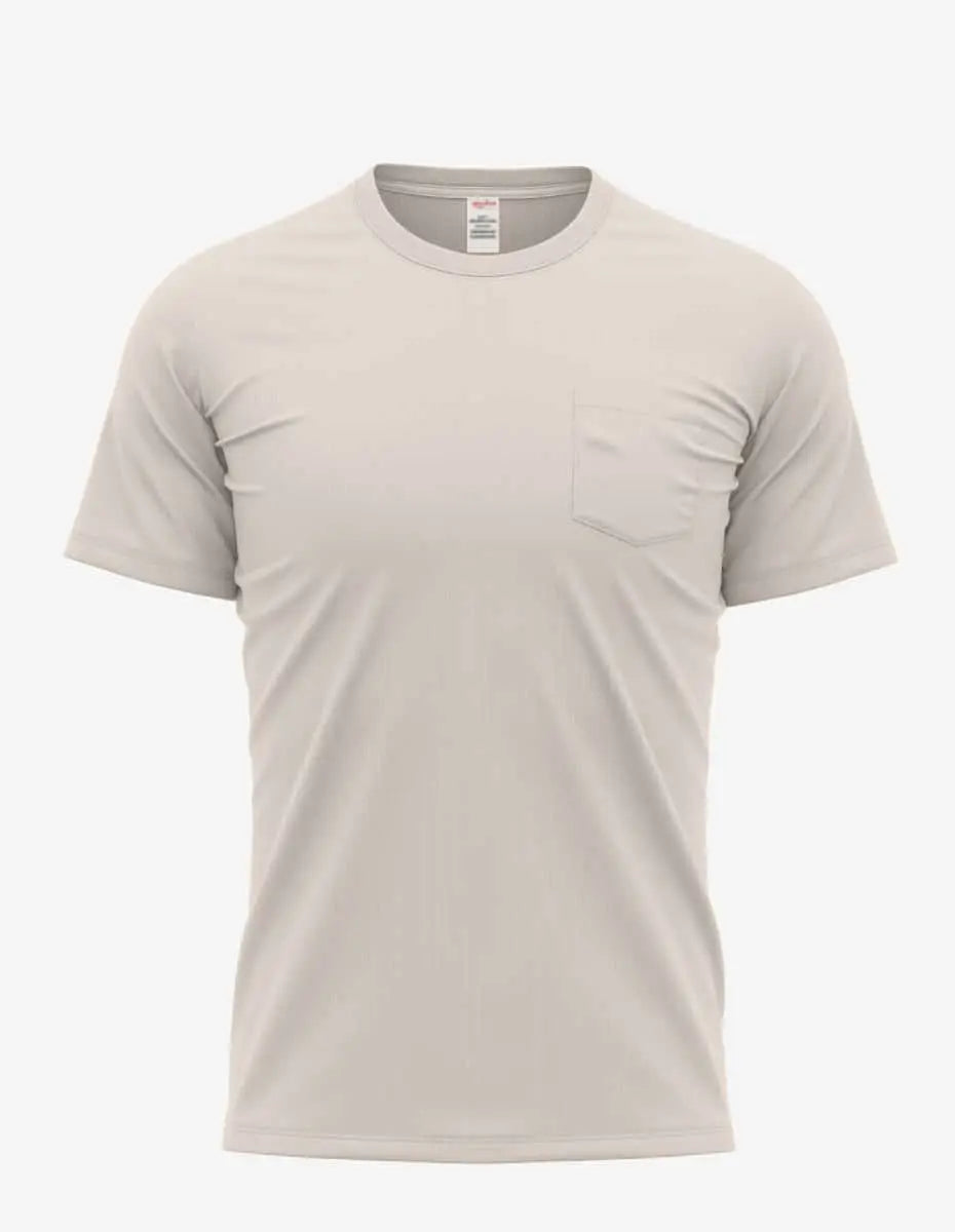 Men's Pocket Perfection Pocket Tee by SpectraUSA, natural color, front view showing chest pocket and comfortable fit.