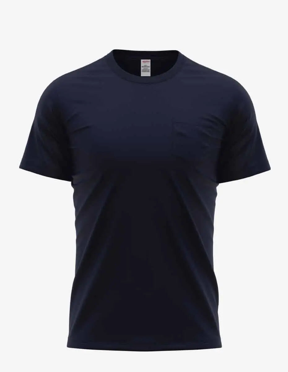 Men's navy Pocket Perfection Pocket Tee by SpectraUSA, front view showing soft cotton fabric and chest pocket.