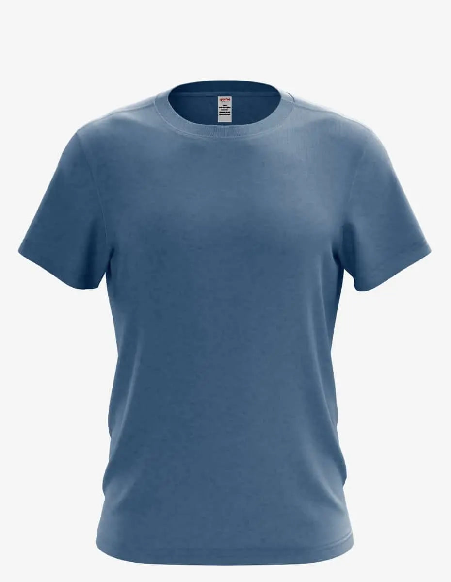 SpectraUSA Karma Organic/Recycled 3400SS men's t-shirt in ocean blue heather, front view showing casual fit and fabric texture.
