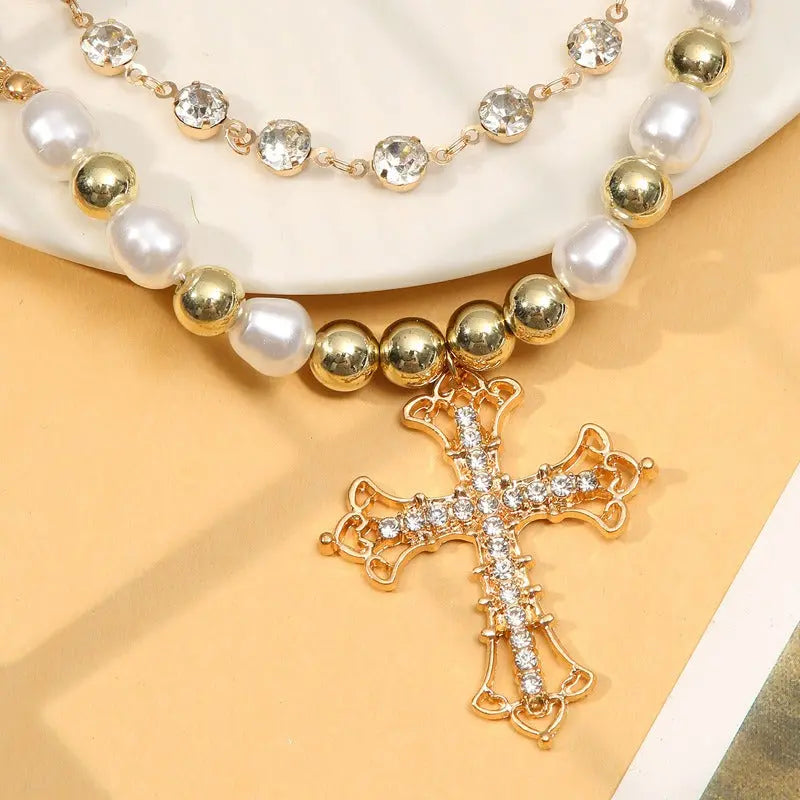 Bling Cross Pendant Necklaces for Women Girl Gift Wedding Neck Jewelry Goth Pearl Necklace nowadaysfashion