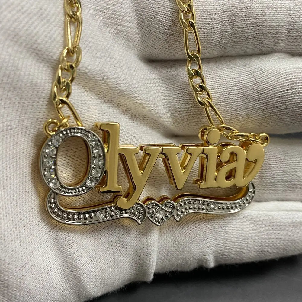 3D Name Necklace Custom Two Color Stainless Steel Double Layer Under Heart Necklace - Blade & Thread