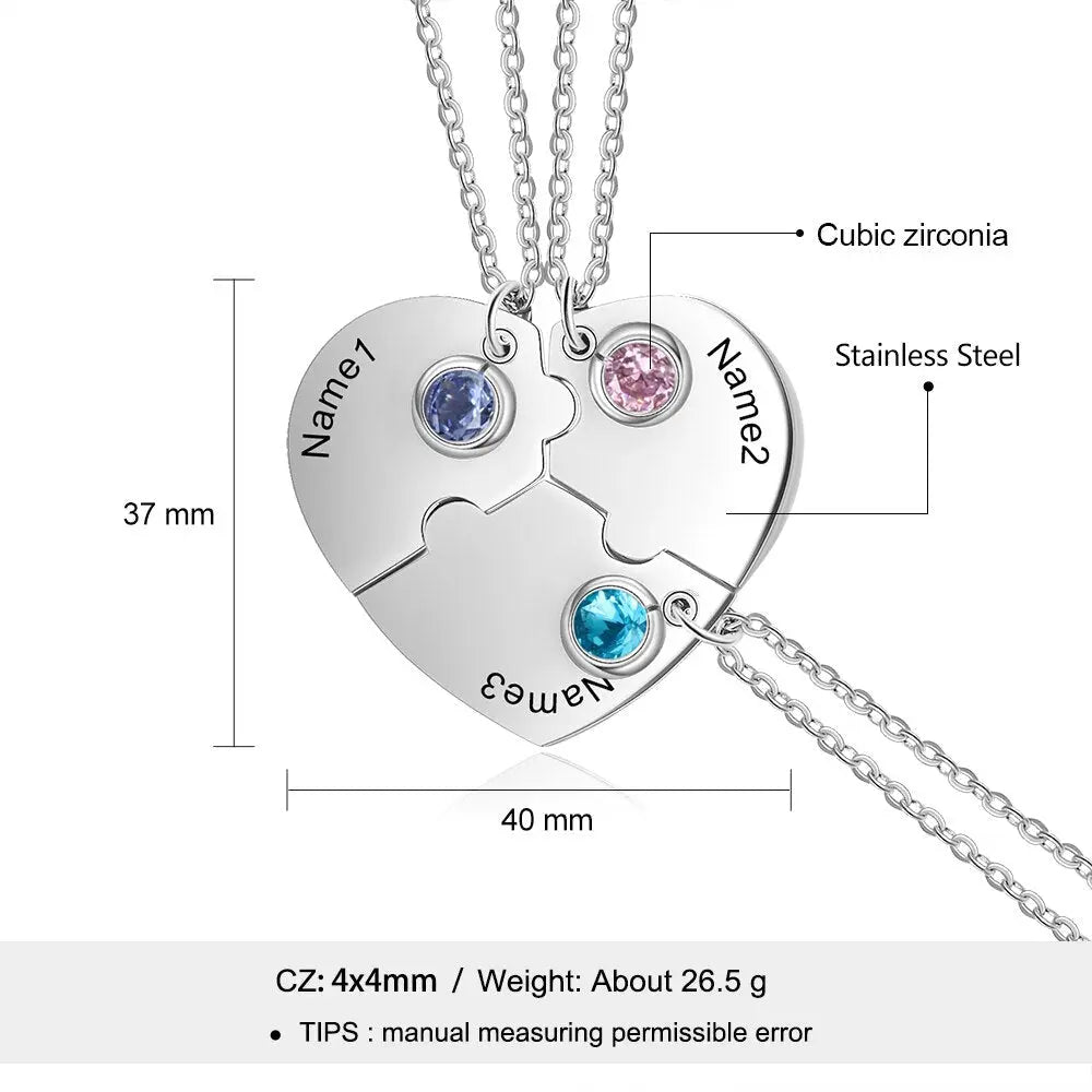 3pcs/Set Personalized Heart Birthstone Best Friend Necklace - Blade & Thread