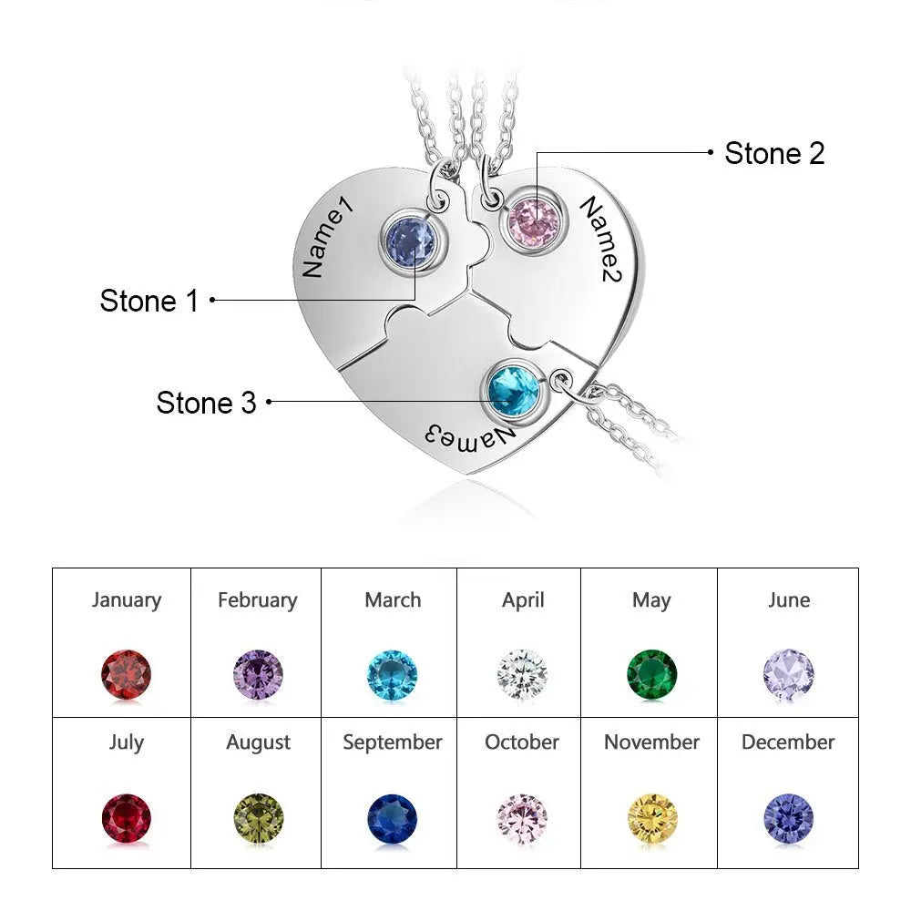 3pcs/Set Personalized Heart Birthstone Best Friend Necklace - Blade & Thread