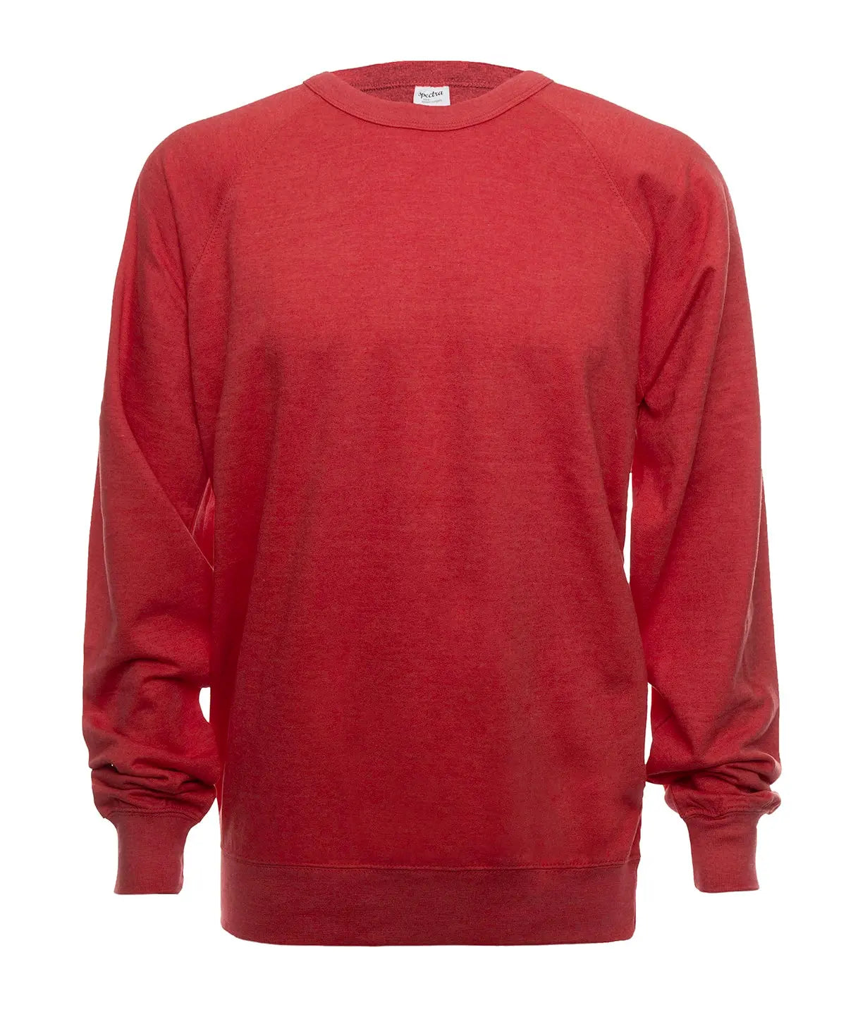 SpectraUSA French Terry Crew in red heather fleece, front view showing comfortable crewneck design and soft fabric texture.