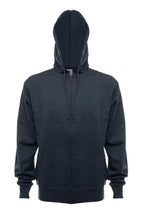 Navy Heather ZIP Hoodie by SpectraUSA made of soft French Terry fleece, front view showing zipper and hood.