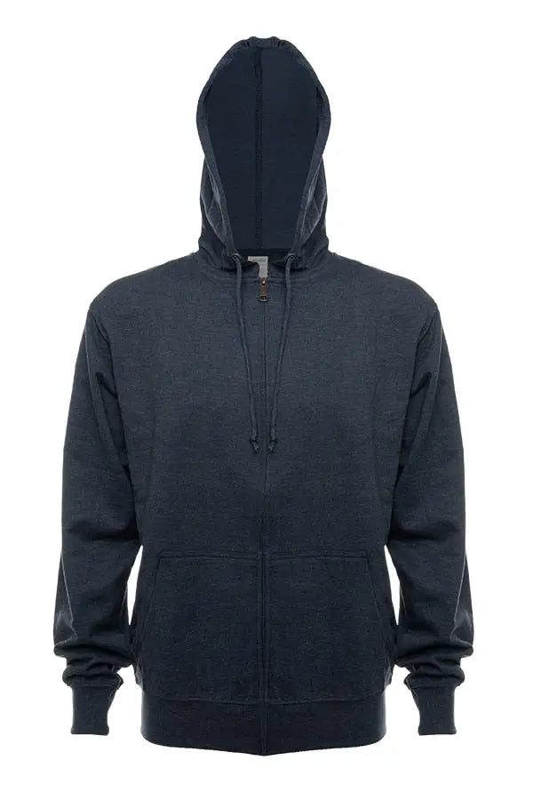 Navy Heather ZIP Hoodie by SpectraUSA made of soft French Terry fleece, front view showing zipper and hood.