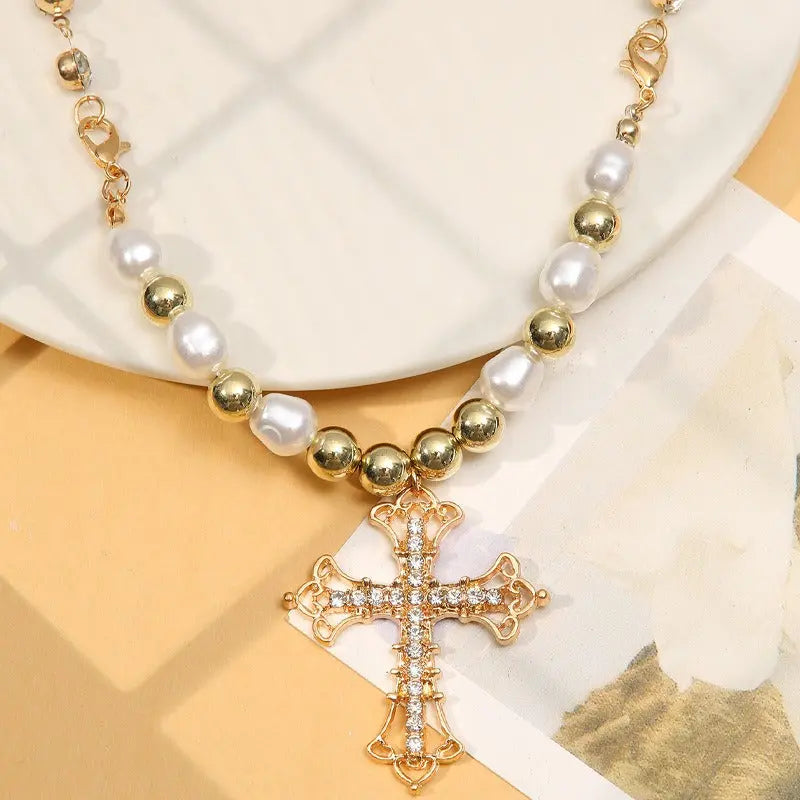 Bling Cross Pendant Necklaces for Women Girl Gift Wedding Neck Jewelry Goth Pearl Necklace nowadaysfashion