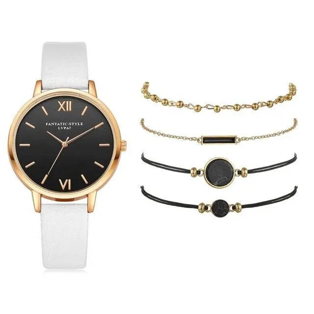 5pcs Set-Top Style Fashion Women's Luxury Leather Band Analog Quartz Wristwatch Ladies Watch - Blade & Thread