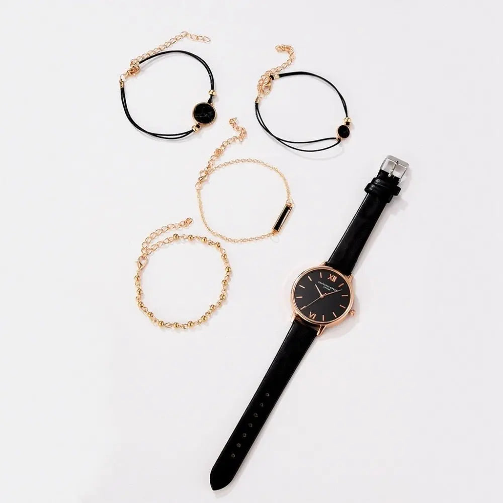 5pcs Set-Top Style Fashion Women's Luxury Leather Band Analog Quartz Wristwatch Ladies Watch - Blade & Thread